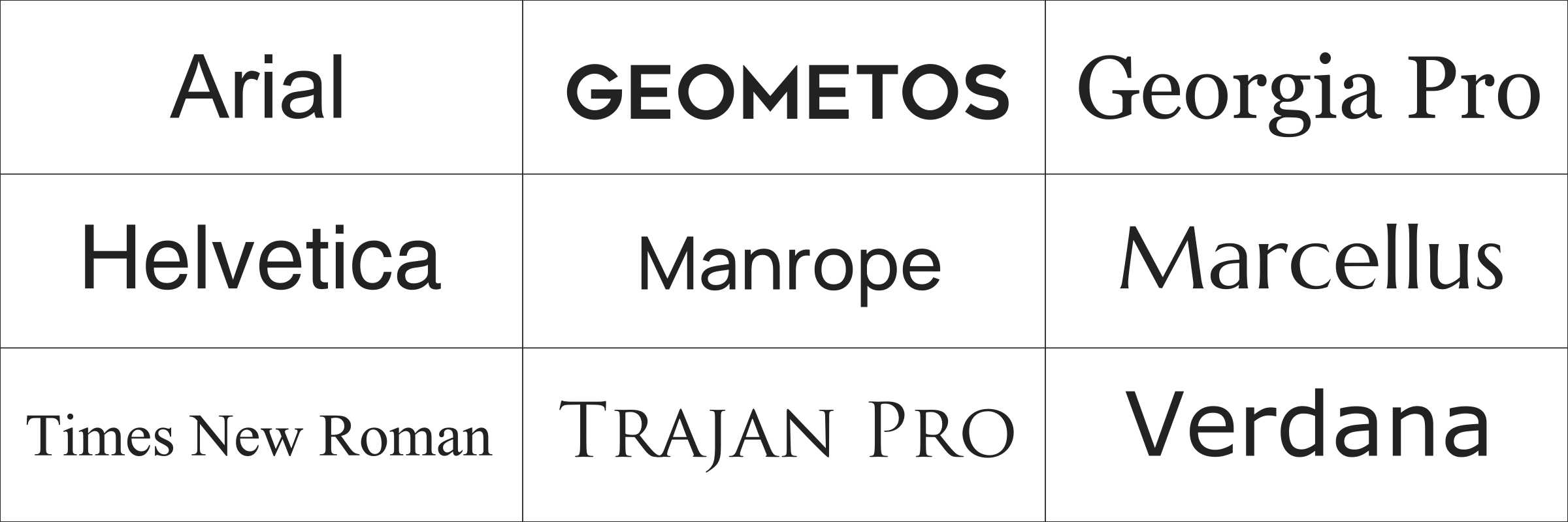 Arial, Geometos, Georgia Pro, Helvetica, Manrope, Marcellus, Times New Roman, Trajan Pro, Verdana